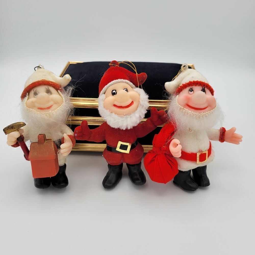 Adorable Trio of Vintage Flocked Santa & Santa's Helpers Elves Ornaments